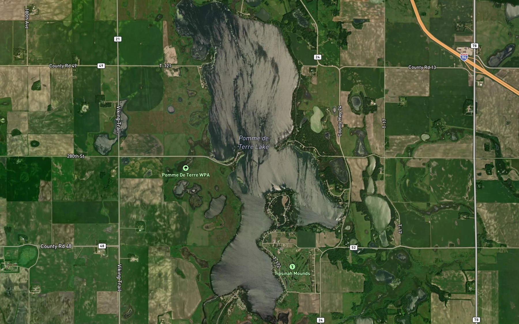 Satellite map of the Pomme de Terre Lake