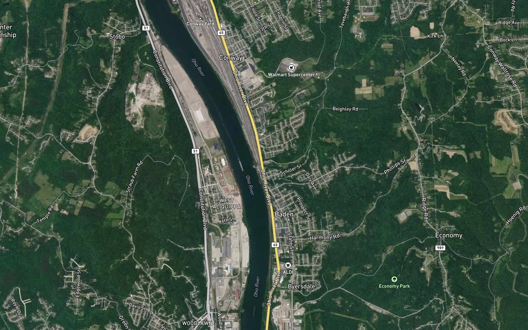 Satellite map of the Tevebau Run