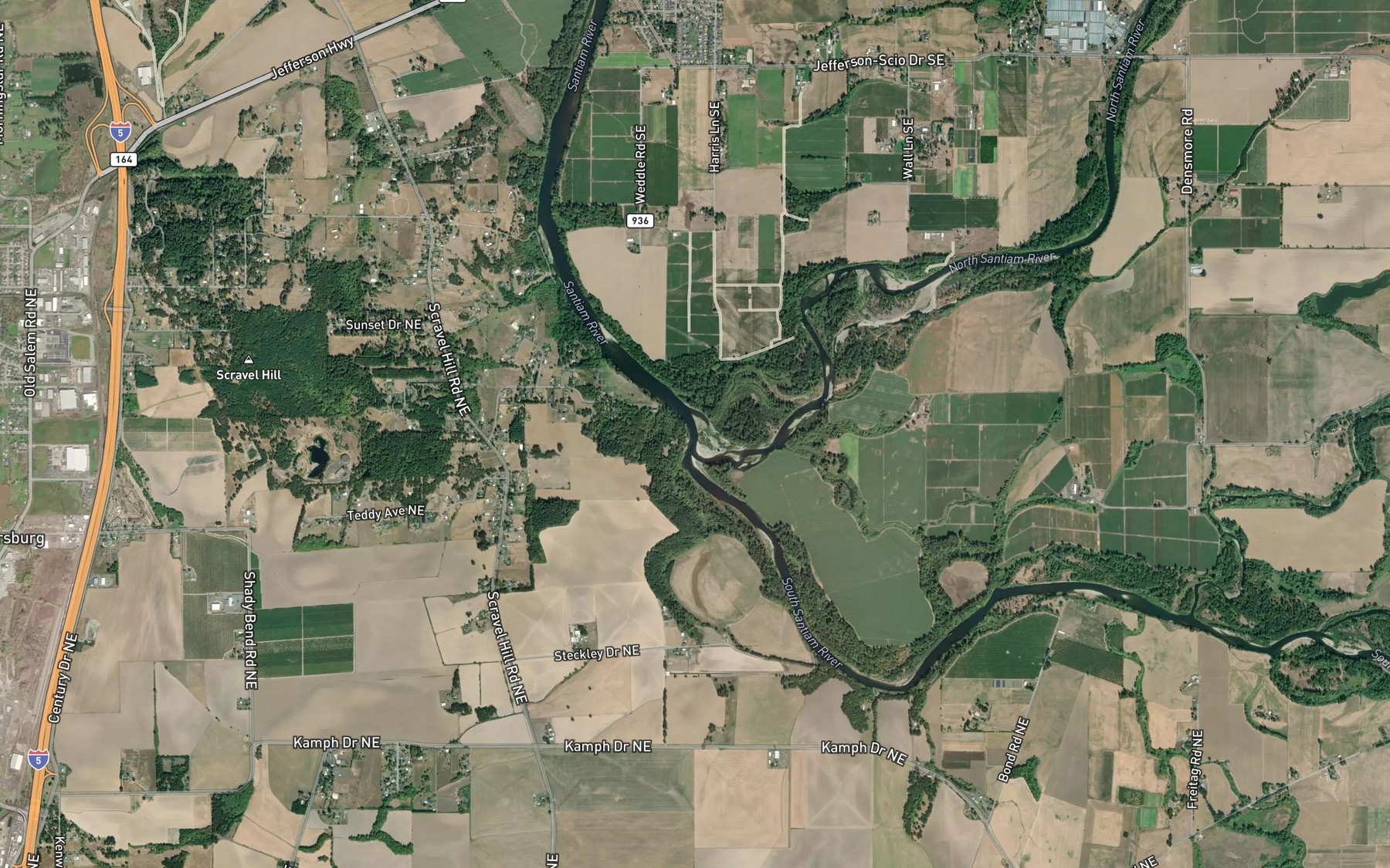 Satellite map of the North Santiam River