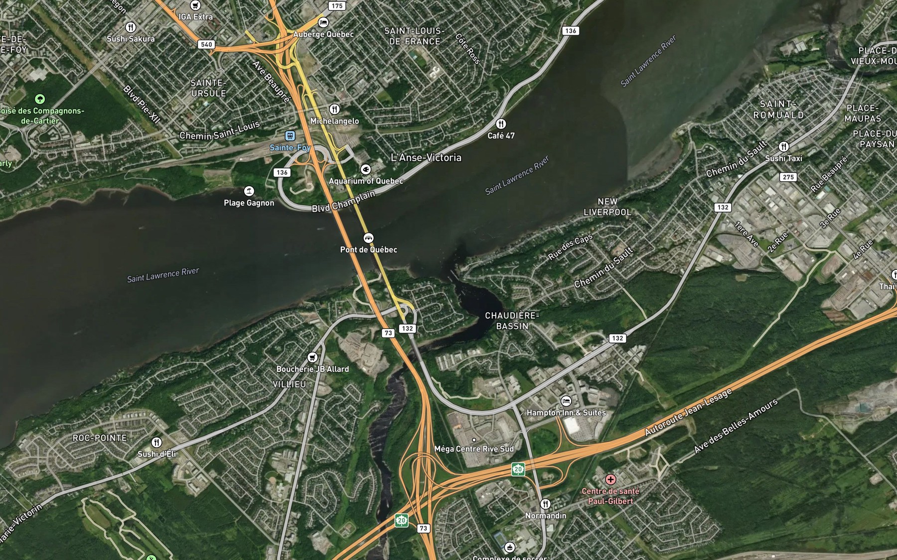 Satellite map of the Riviere Chaudiere