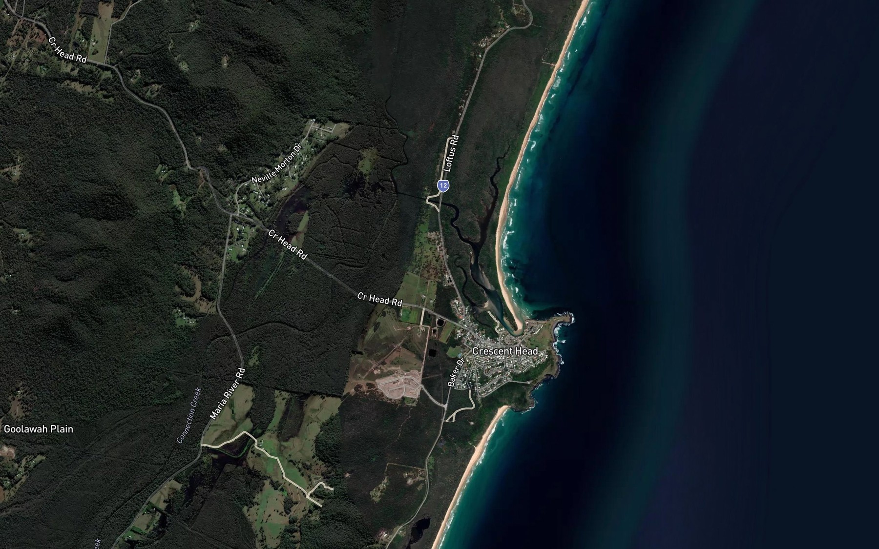 Satellite map of the Crescent Head Creek