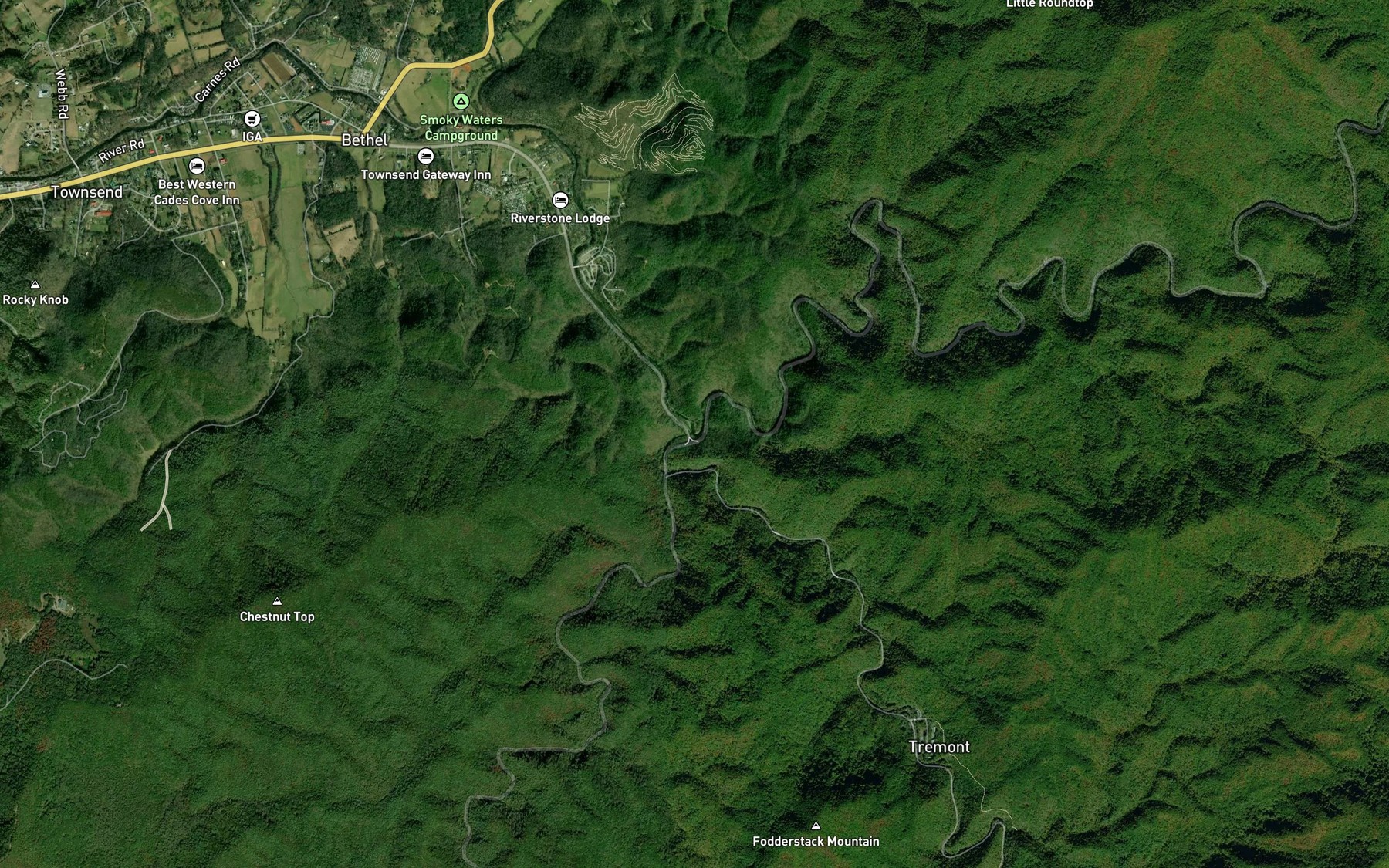 Satellite map of the West Prong Little River