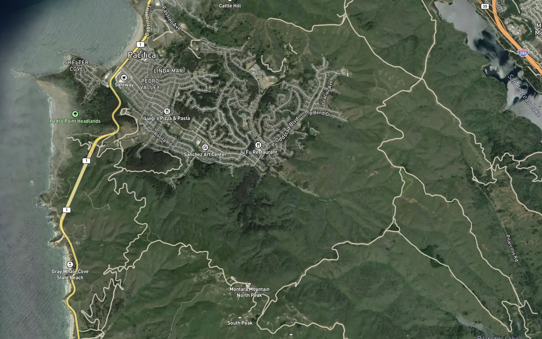 Satellite map of the South Fork San Pedro Creek