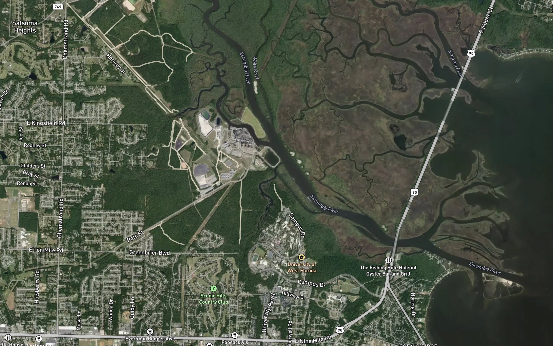 Satellite map of the Thompson Bayou