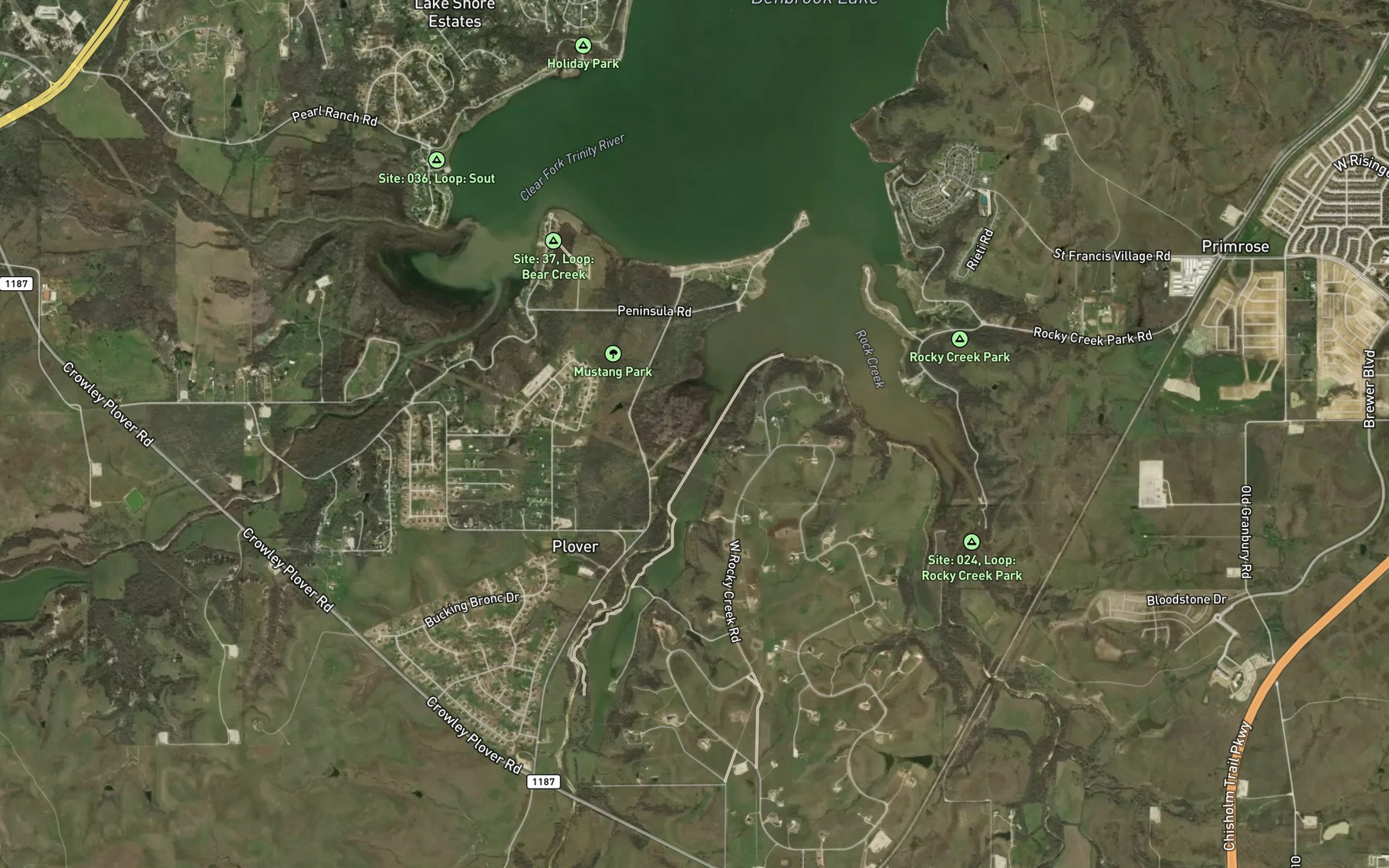 Satellite map of the Mustang Creek
