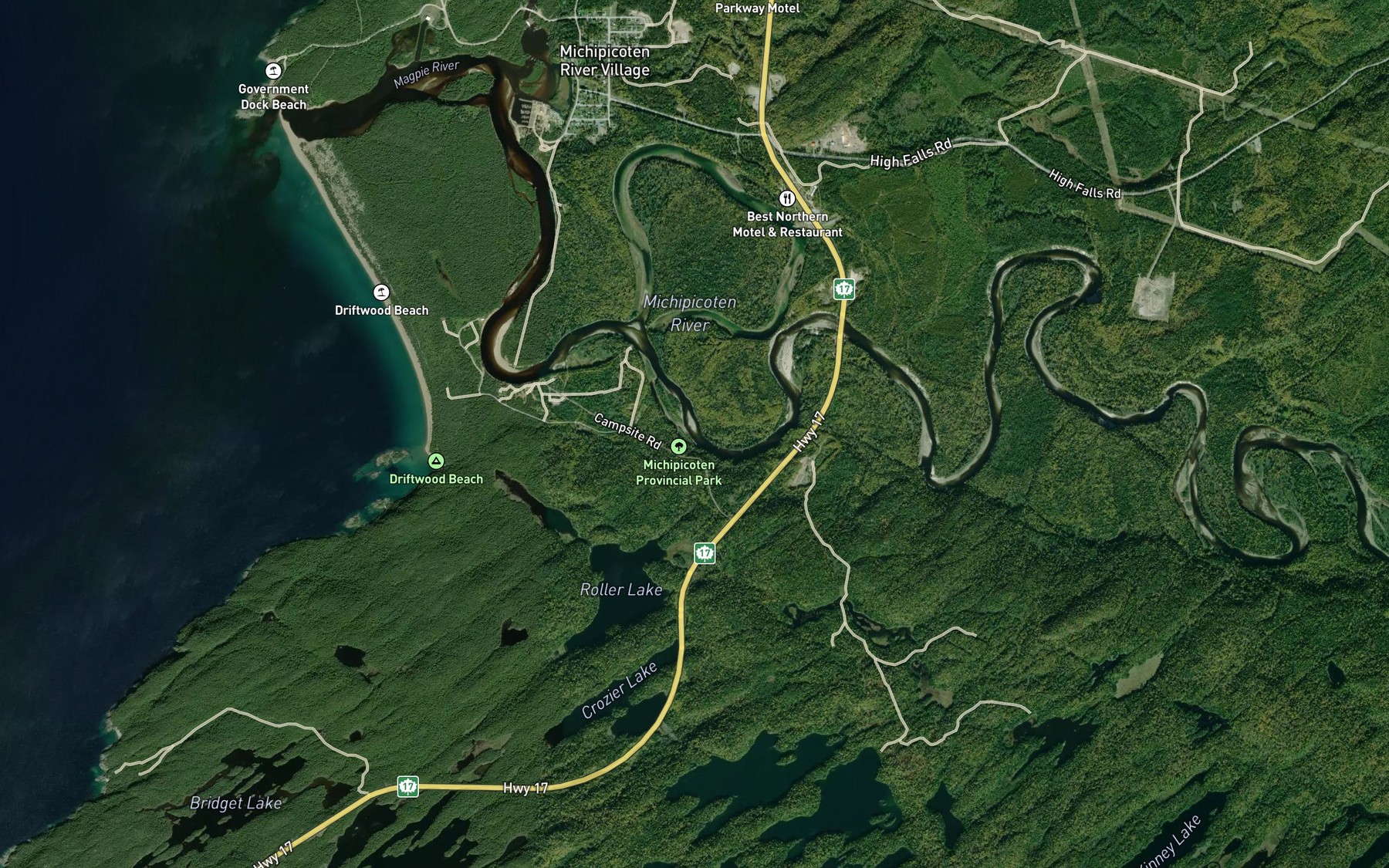 Satellite map of the Dead River