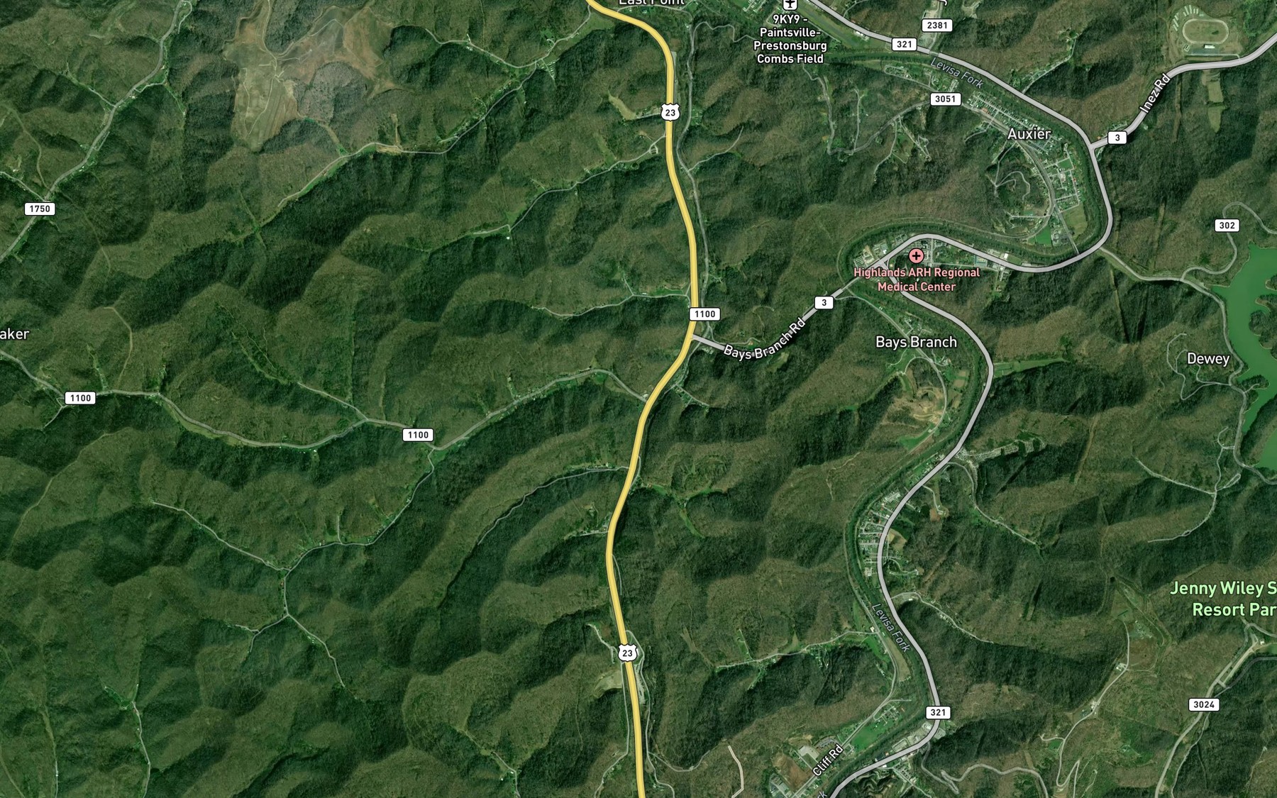 Satellite map of the Alley Fork