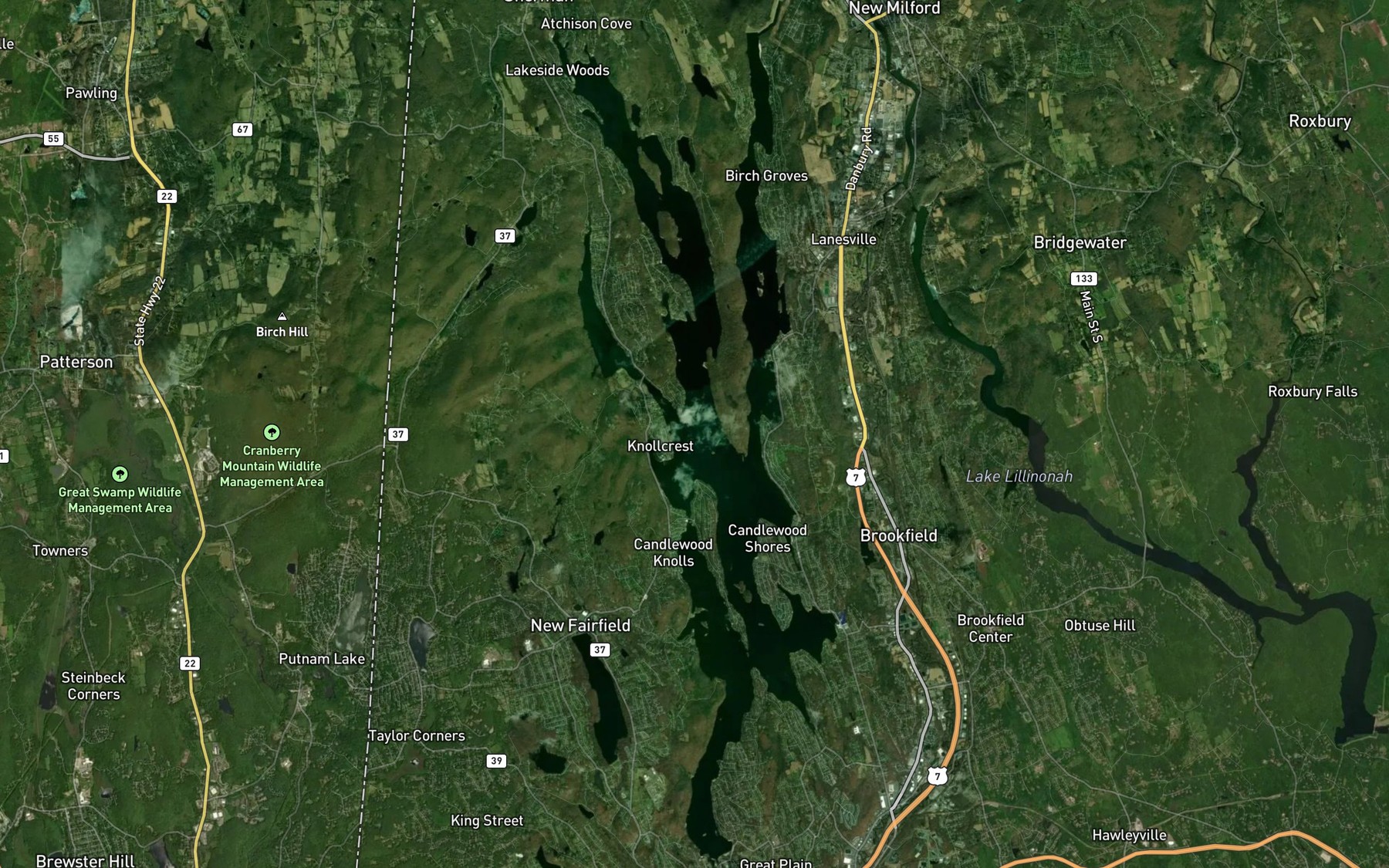 Satellite map of the Lake Candlewood