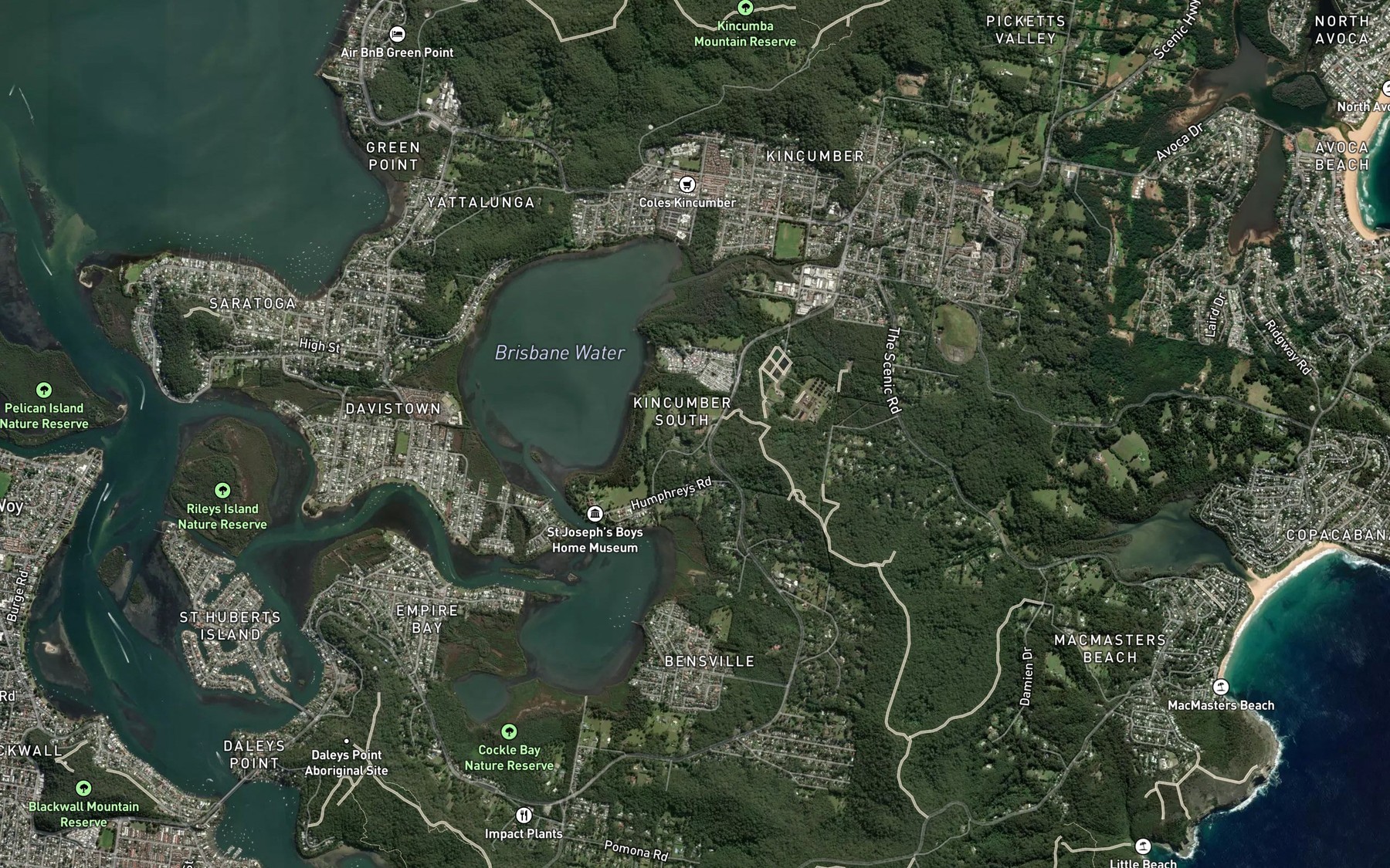 Satellite map of the Picketts Creek