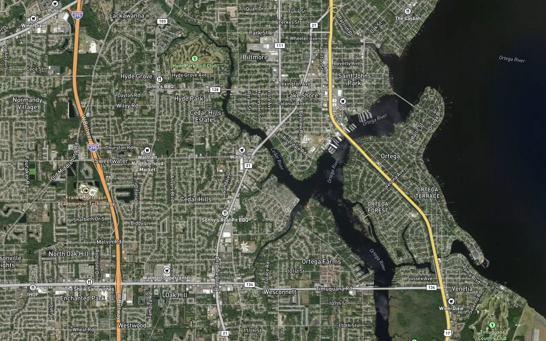 Satellite map of the Butcher Pen Creek