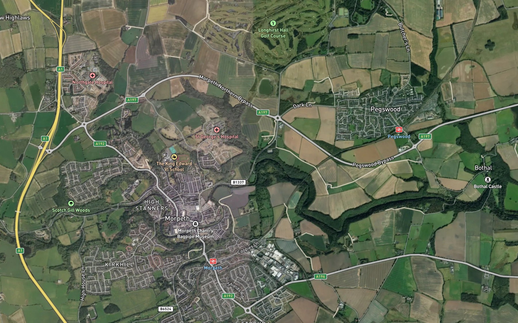 Satellite map of the River Wansbeck