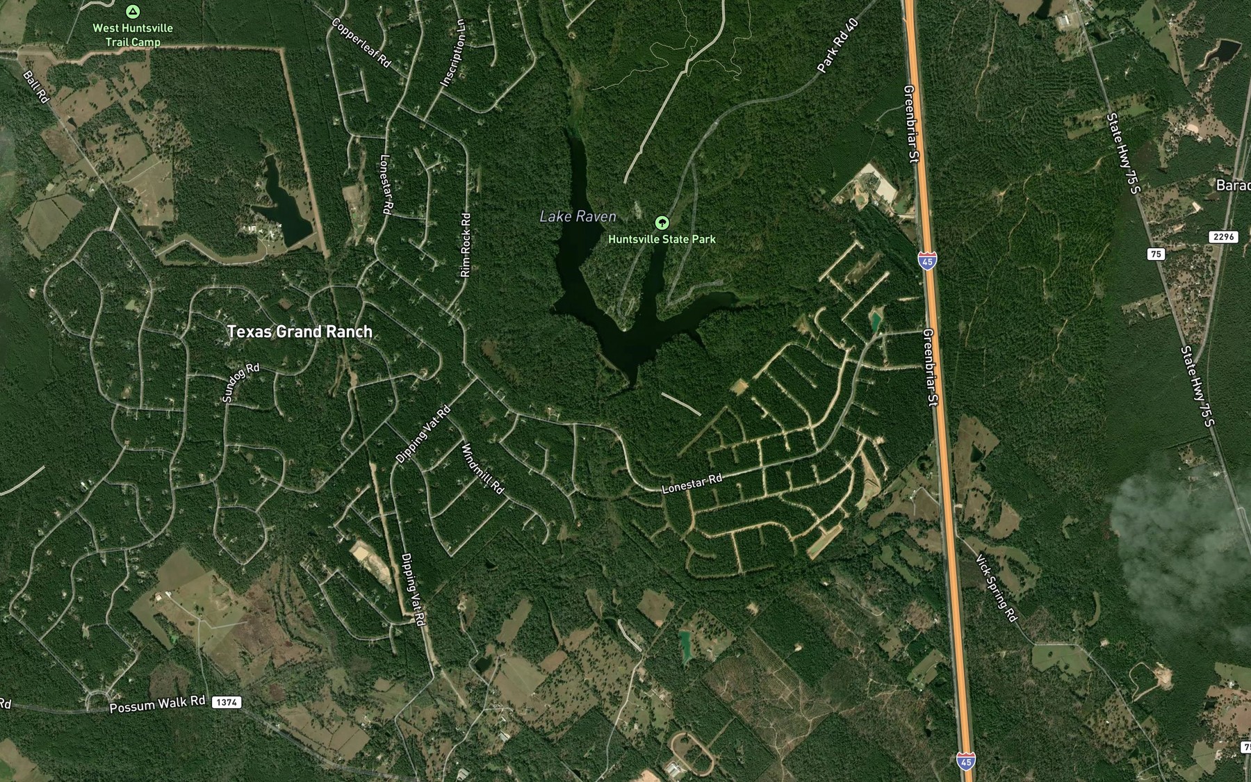 Satellite map of the Huntsville State Park Lake