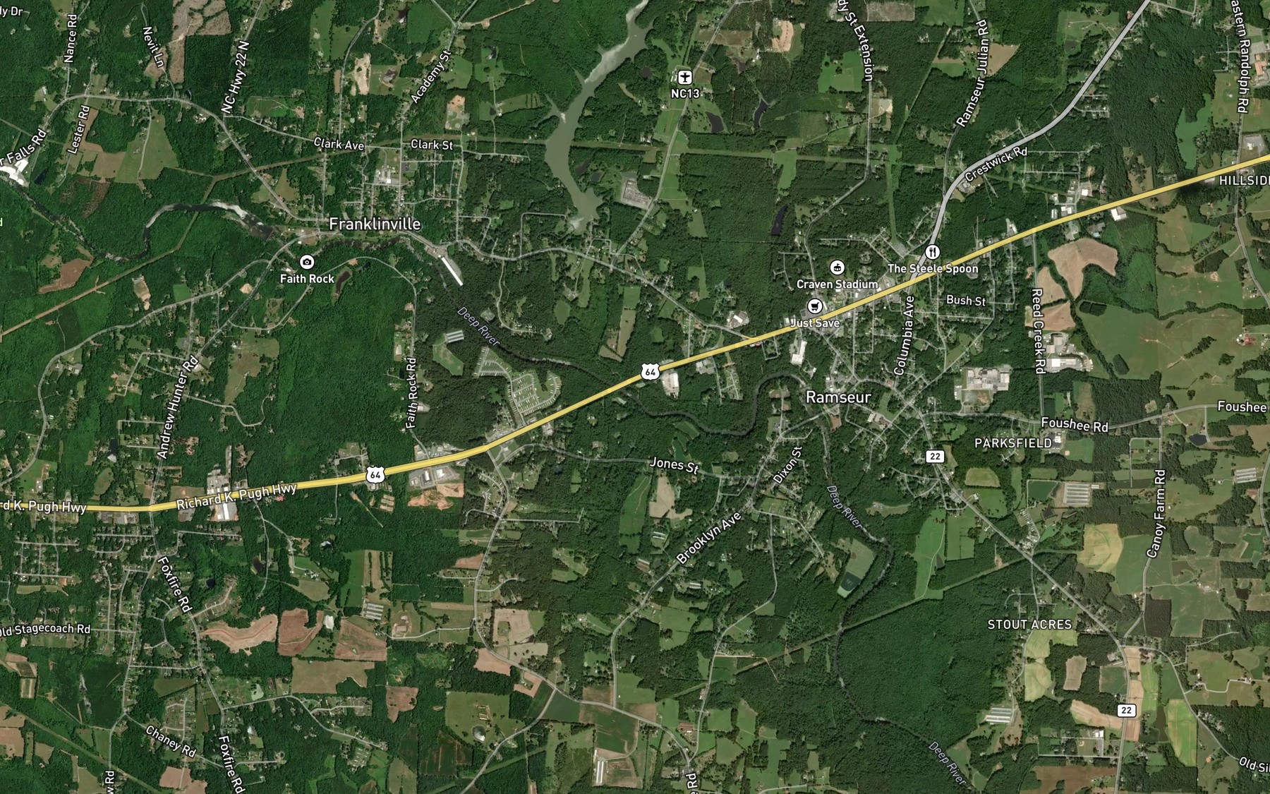 Satellite map of the Sandy Creek