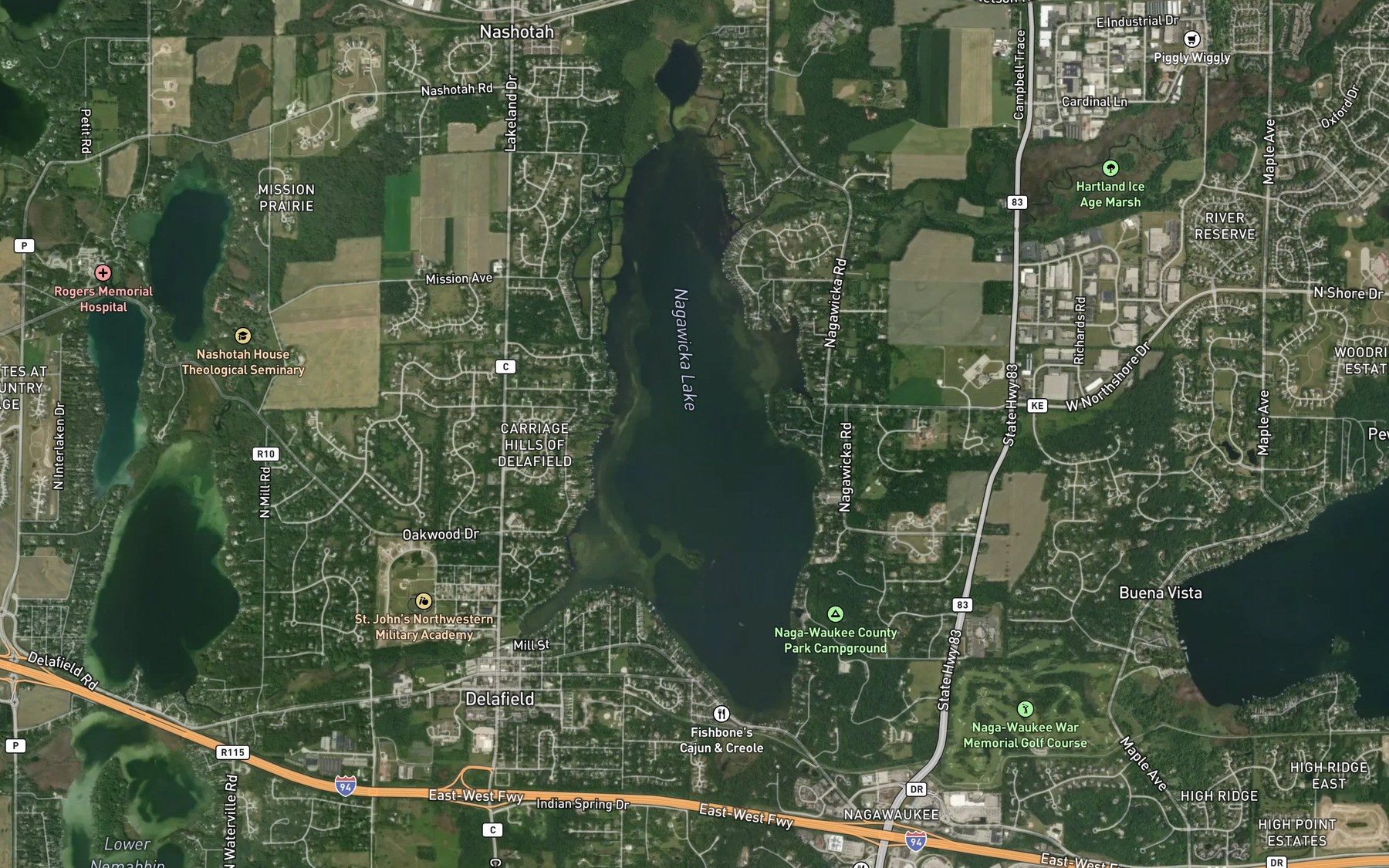 Satellite map of the Nagawicka Lake