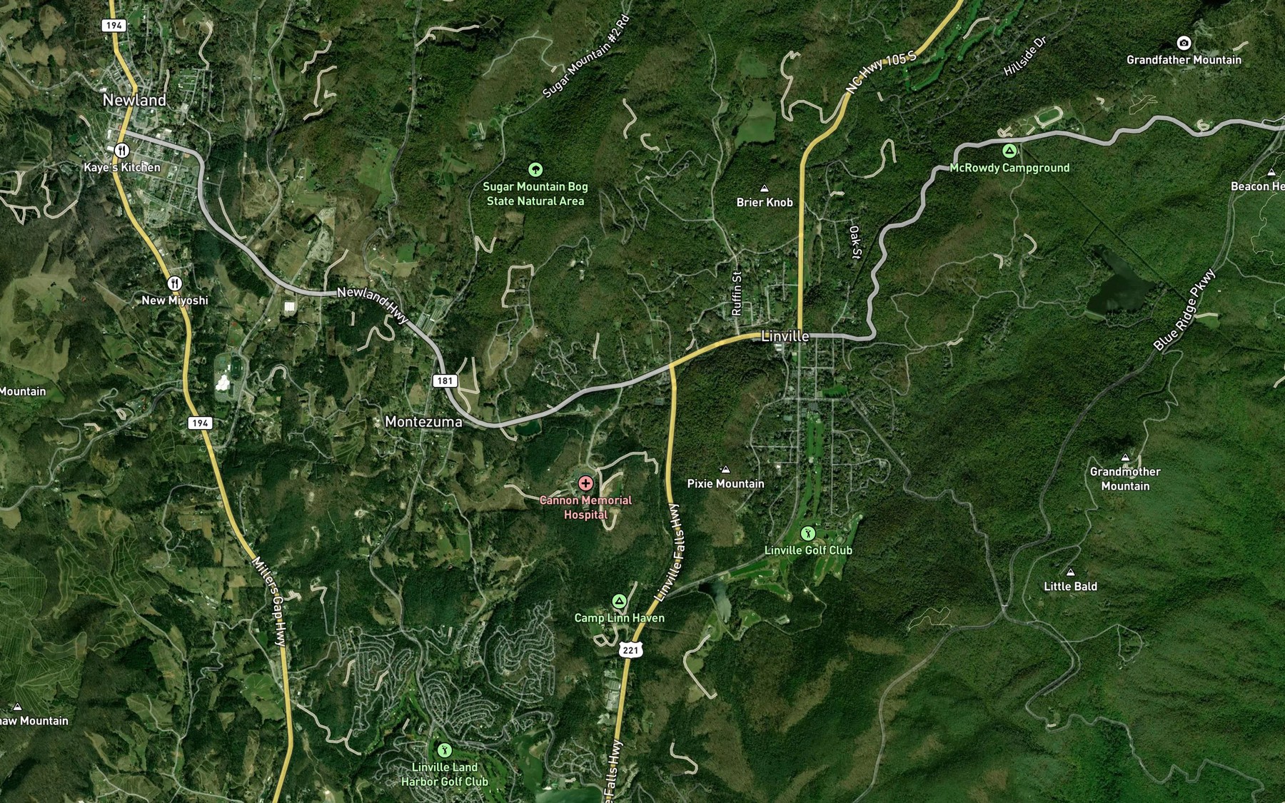 Satellite map of the Linville River
