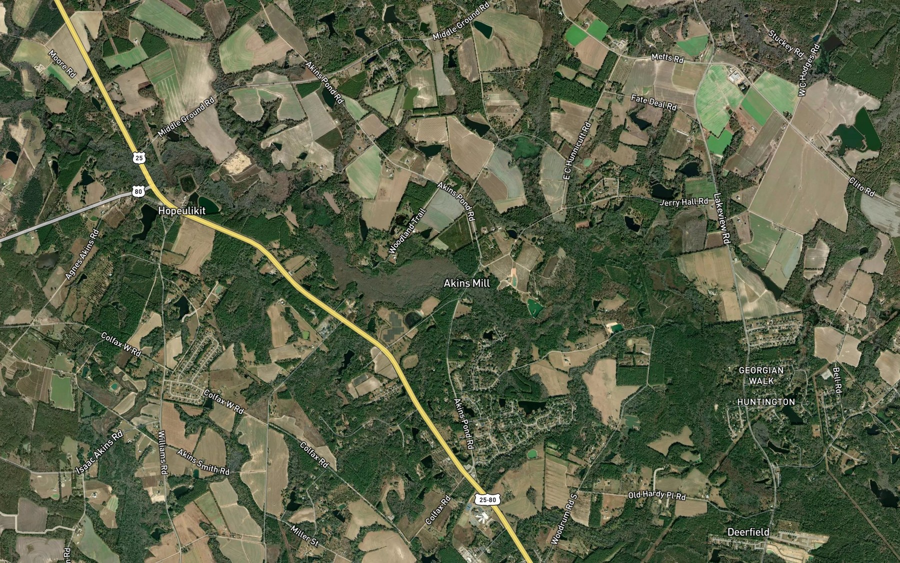 Satellite map of the Akins Pond