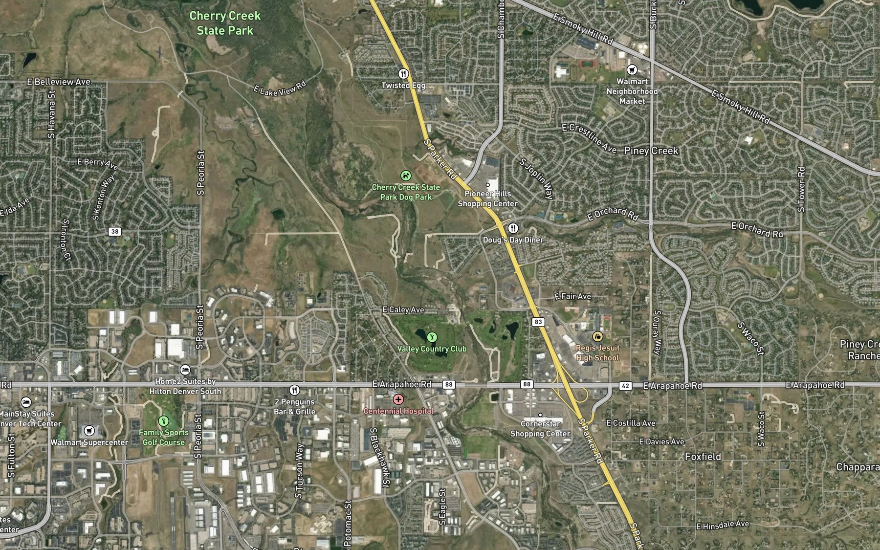 Satellite map of the Piney Creek