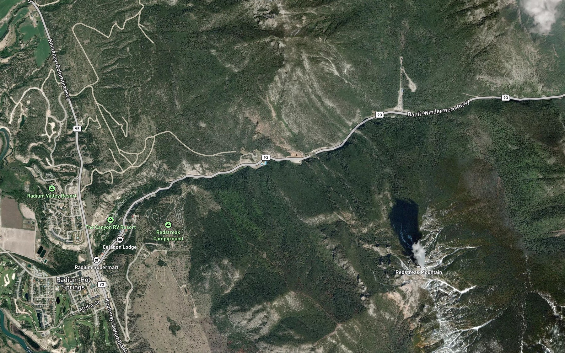 Satellite map of the Radium Hot Springs