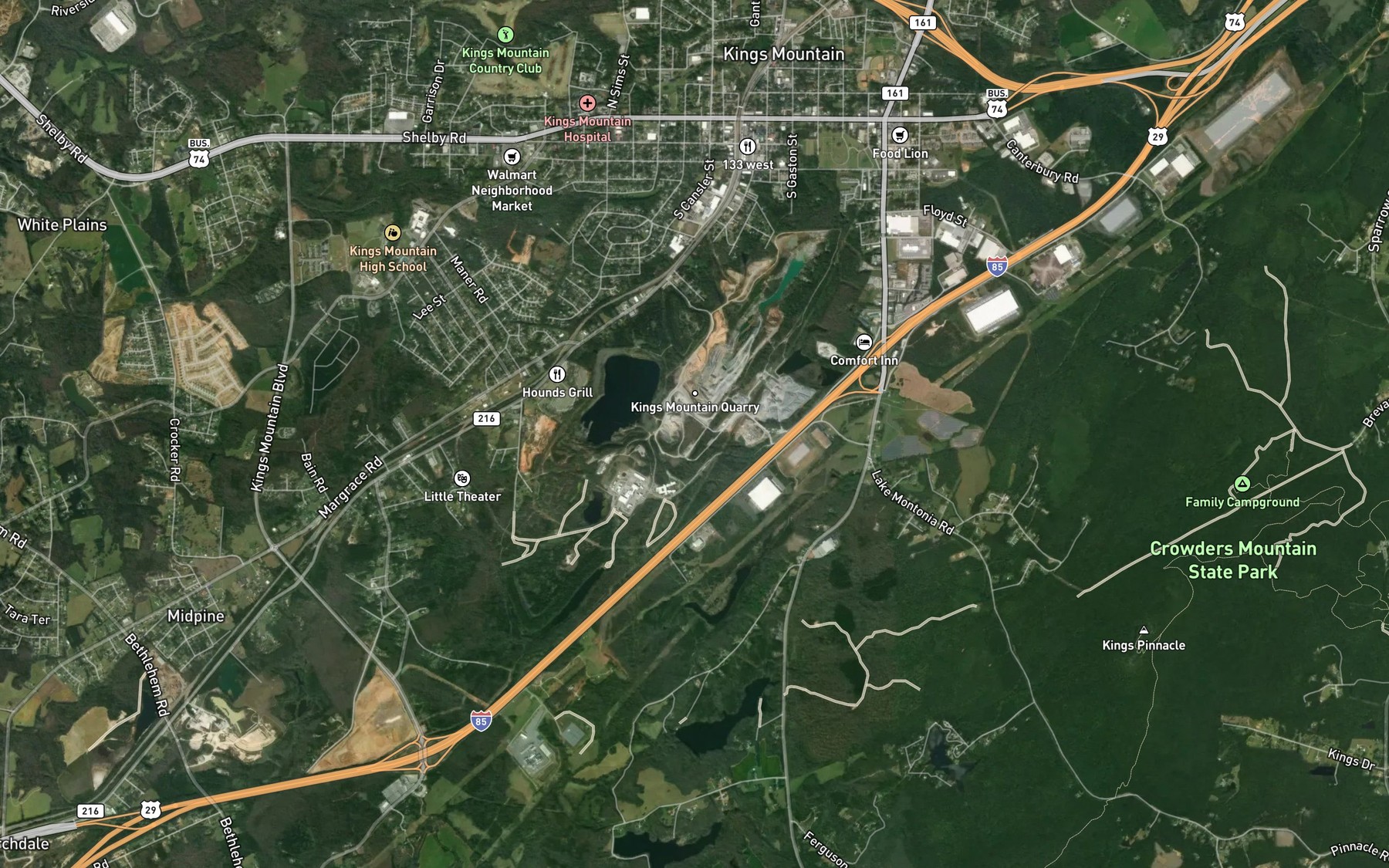 Satellite map of the Kings Mountain Mica Company Lake