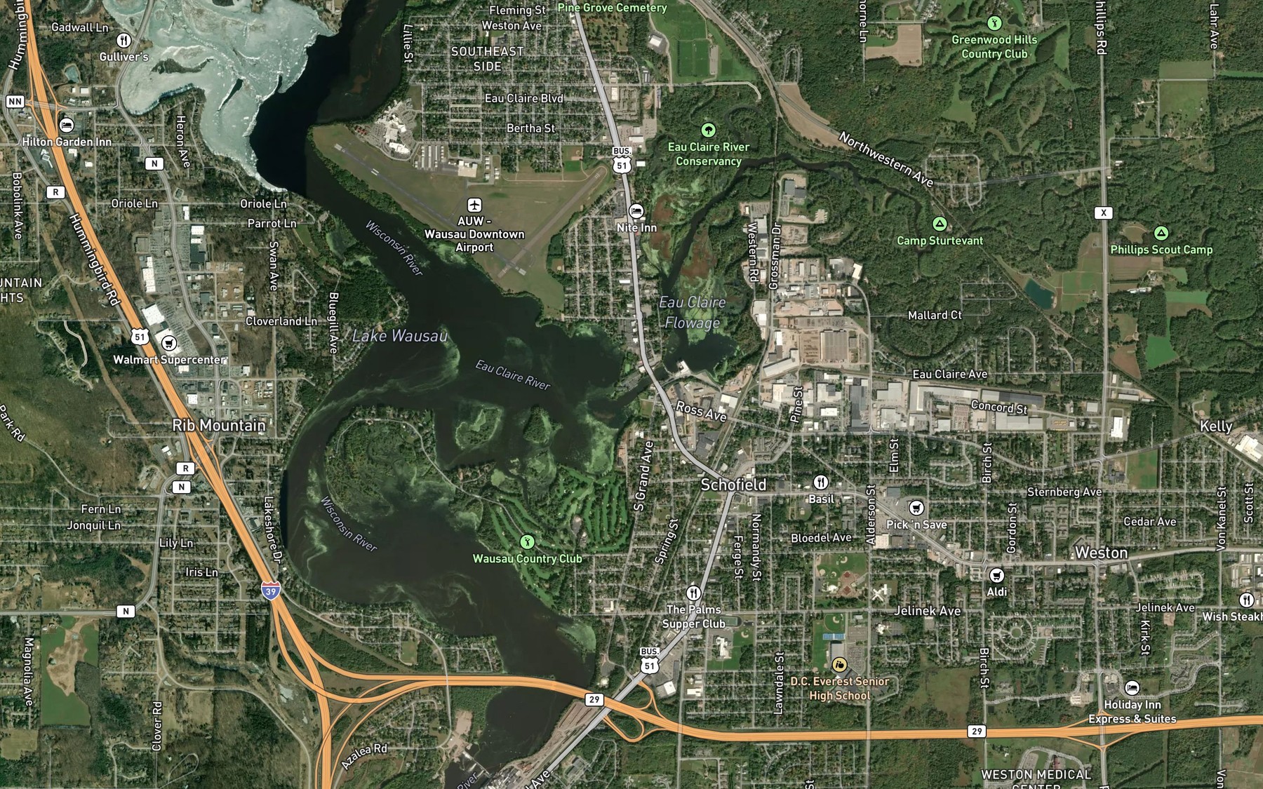 Satellite map of the Eau Claire River