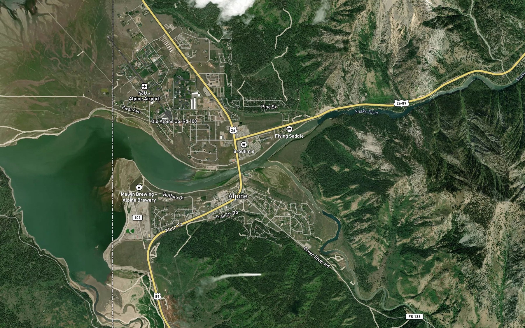 Satellite map of the Greys River