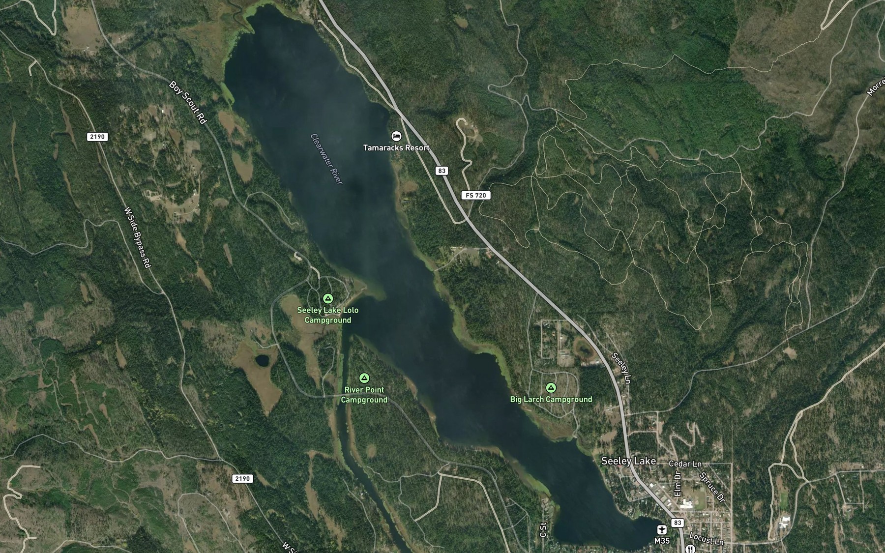 Satellite map of the Seeley Lake