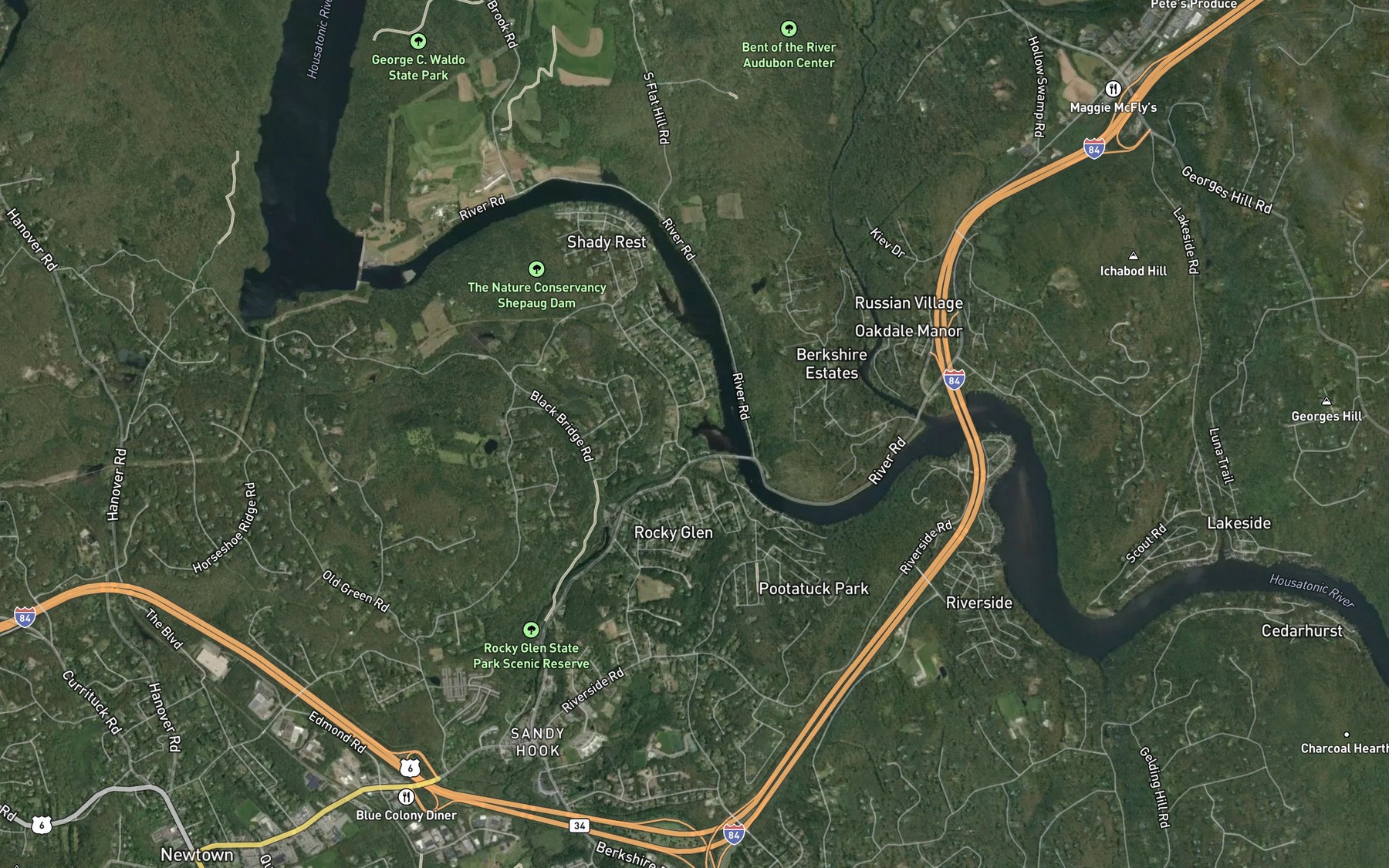 Satellite map of the Pootatuck River