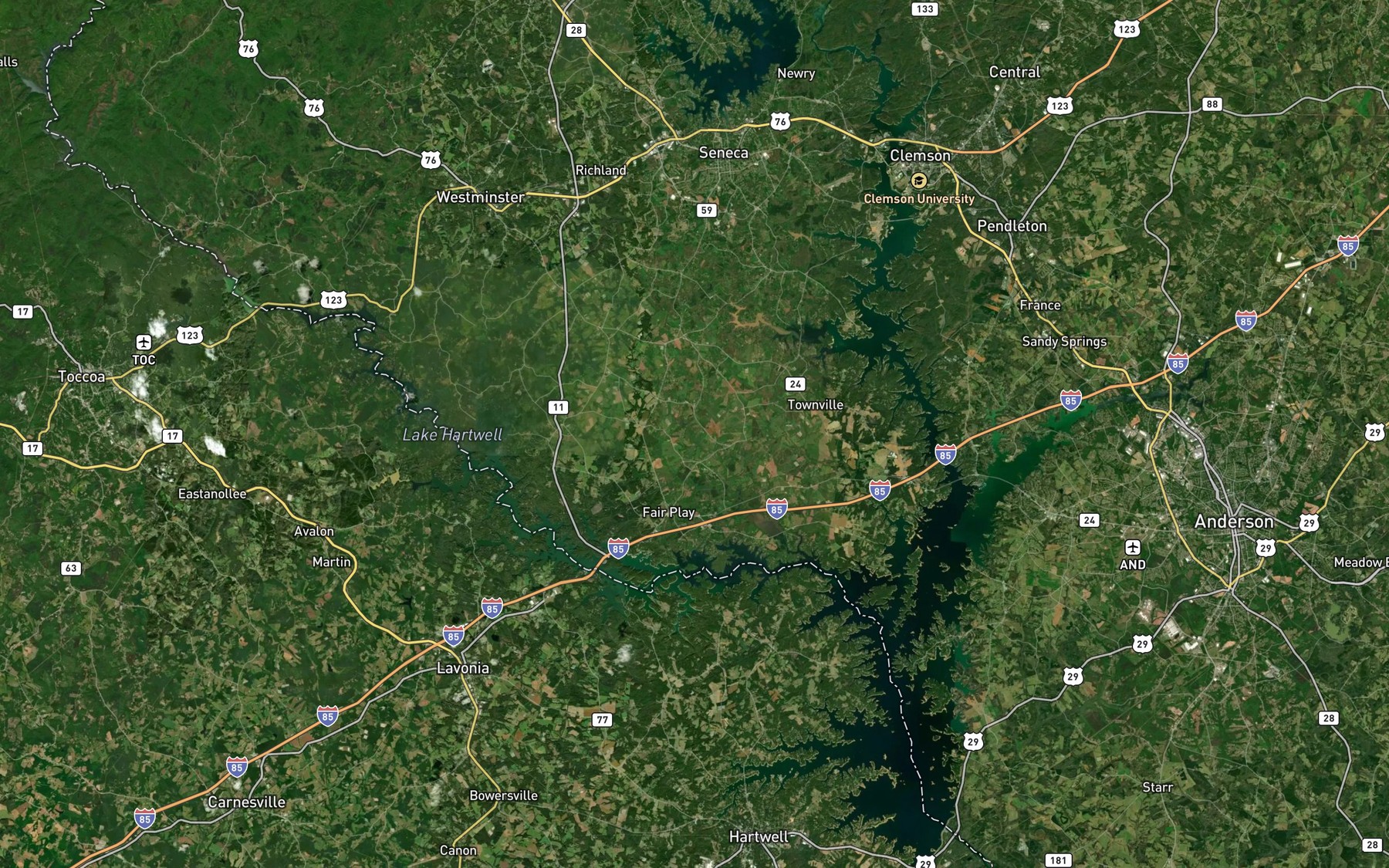 Satellite map of the Hartwell Lake