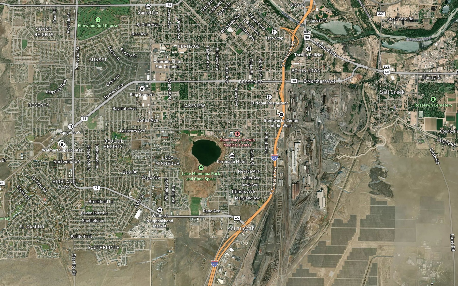 Satellite map of the Lake Minnequa