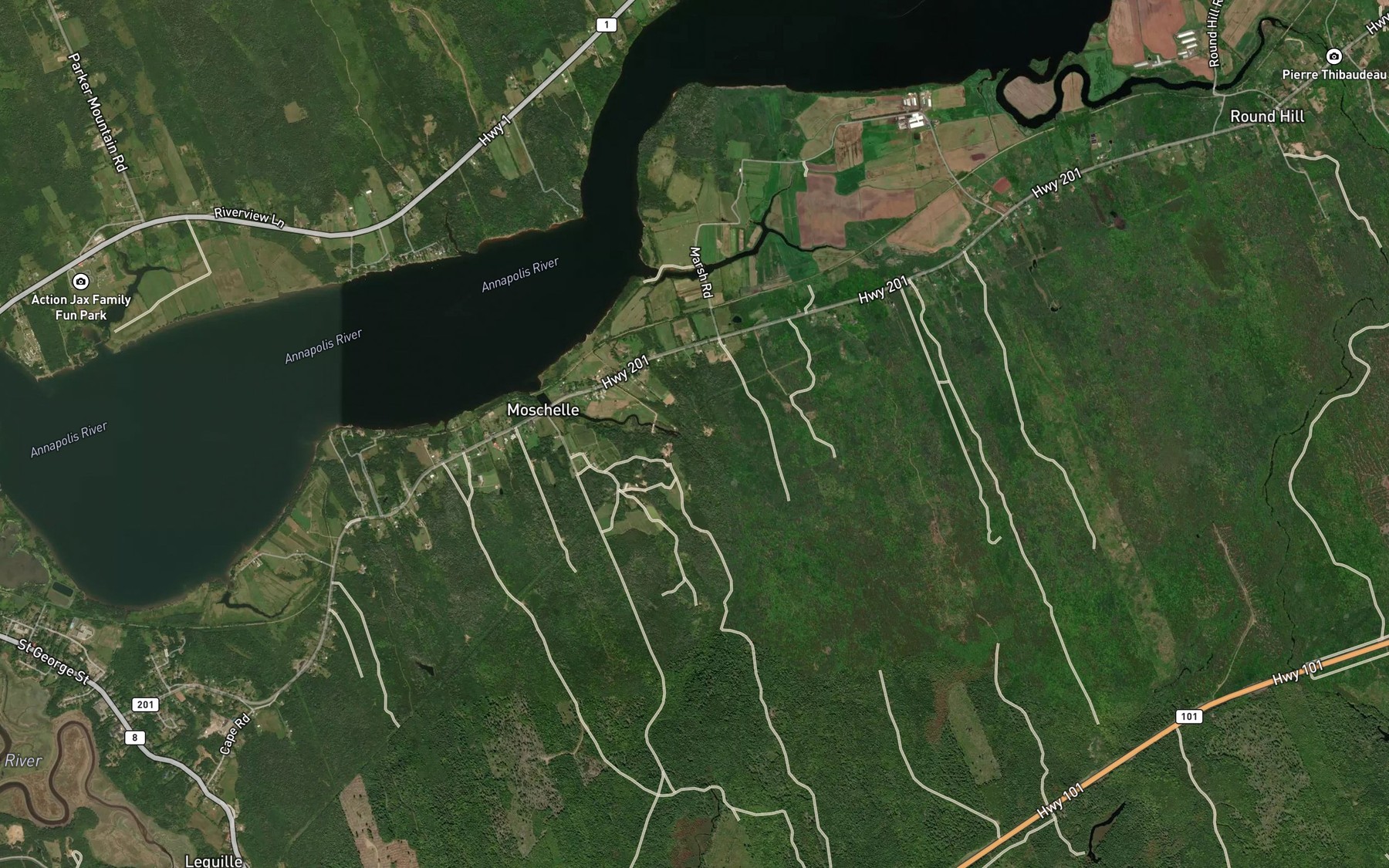 Satellite map of the Moschelle Brook