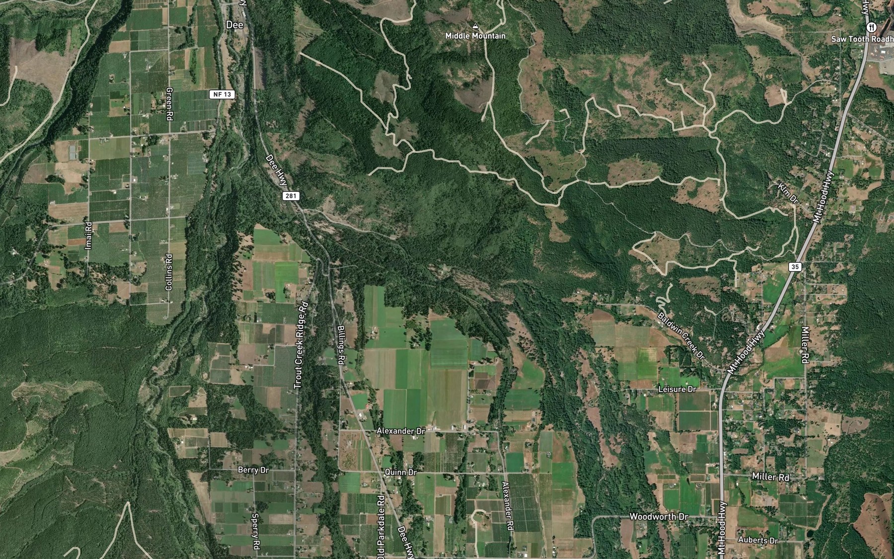 Satellite map of the Wisehart Creek