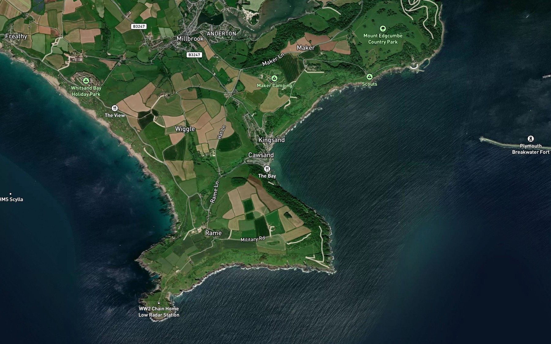 Satellite map of the Cawsand Bay