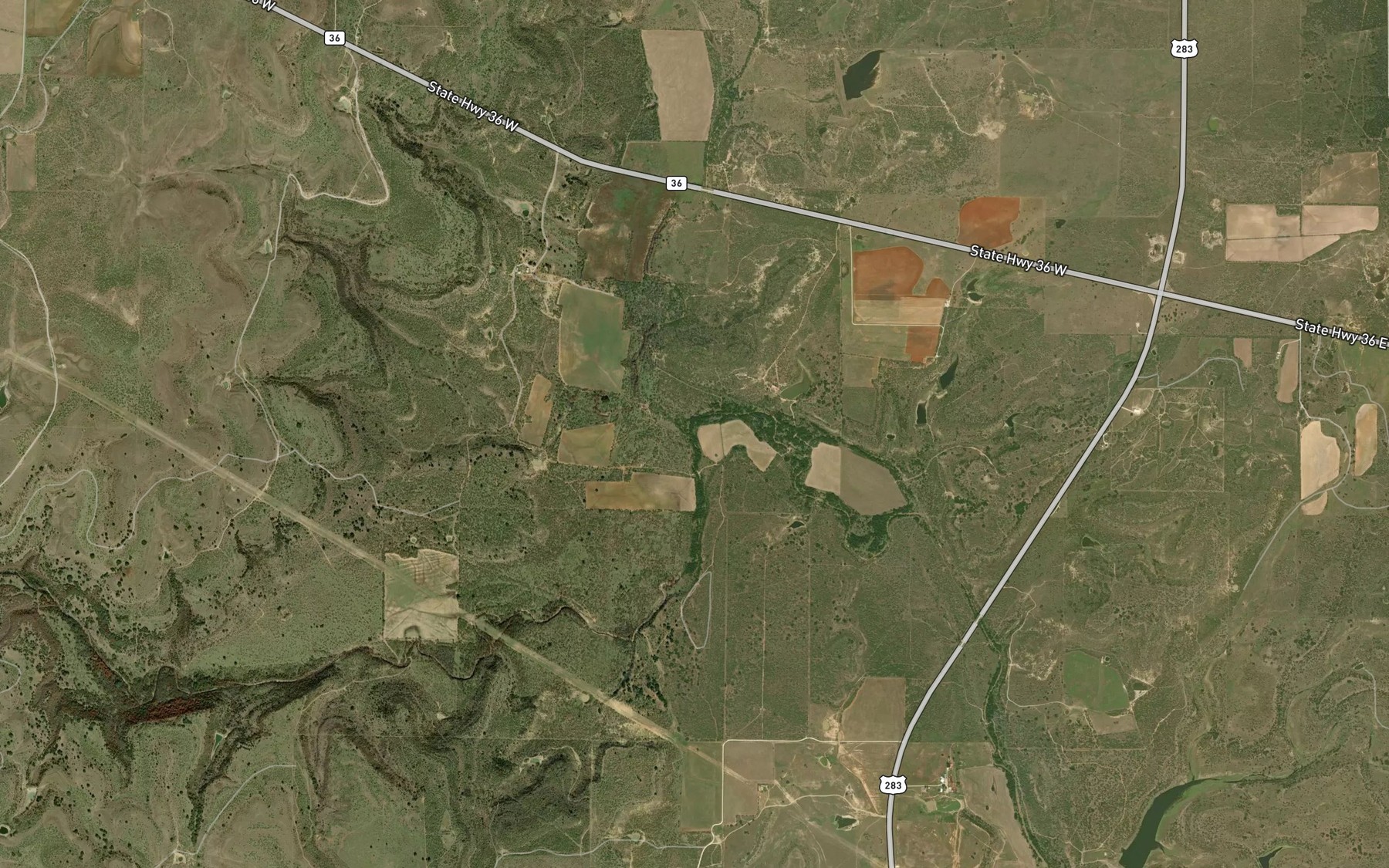 Satellite map of the South Prong Pecan Bayou