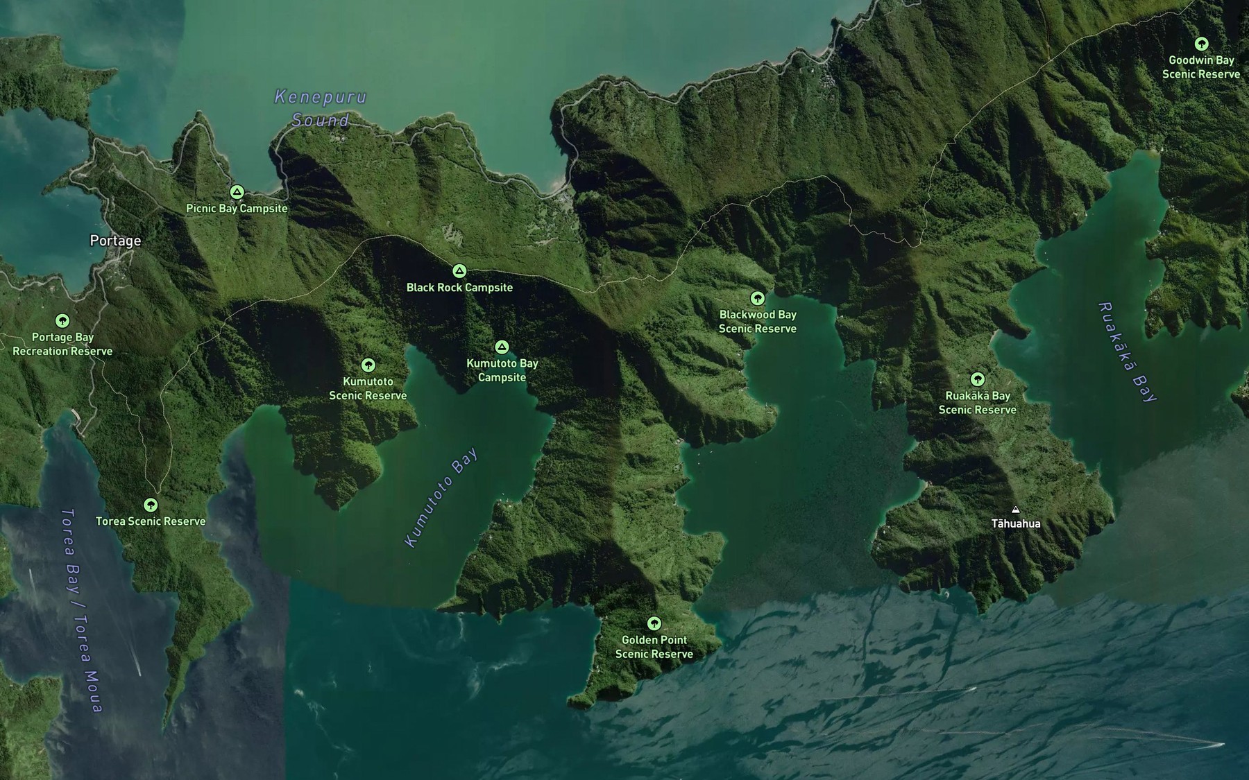 Satellite map of the Blackwood Bay or Tahuahua Bay