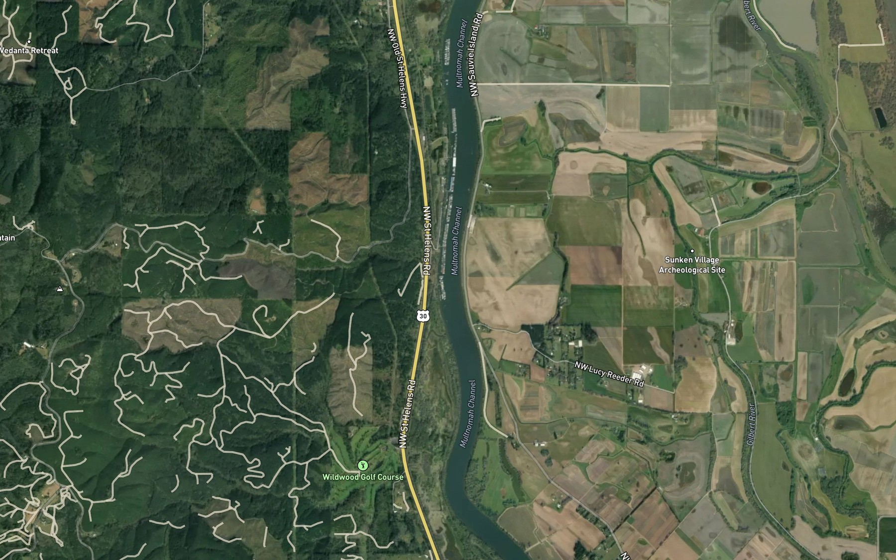 Satellite map of the Multnomah Channel