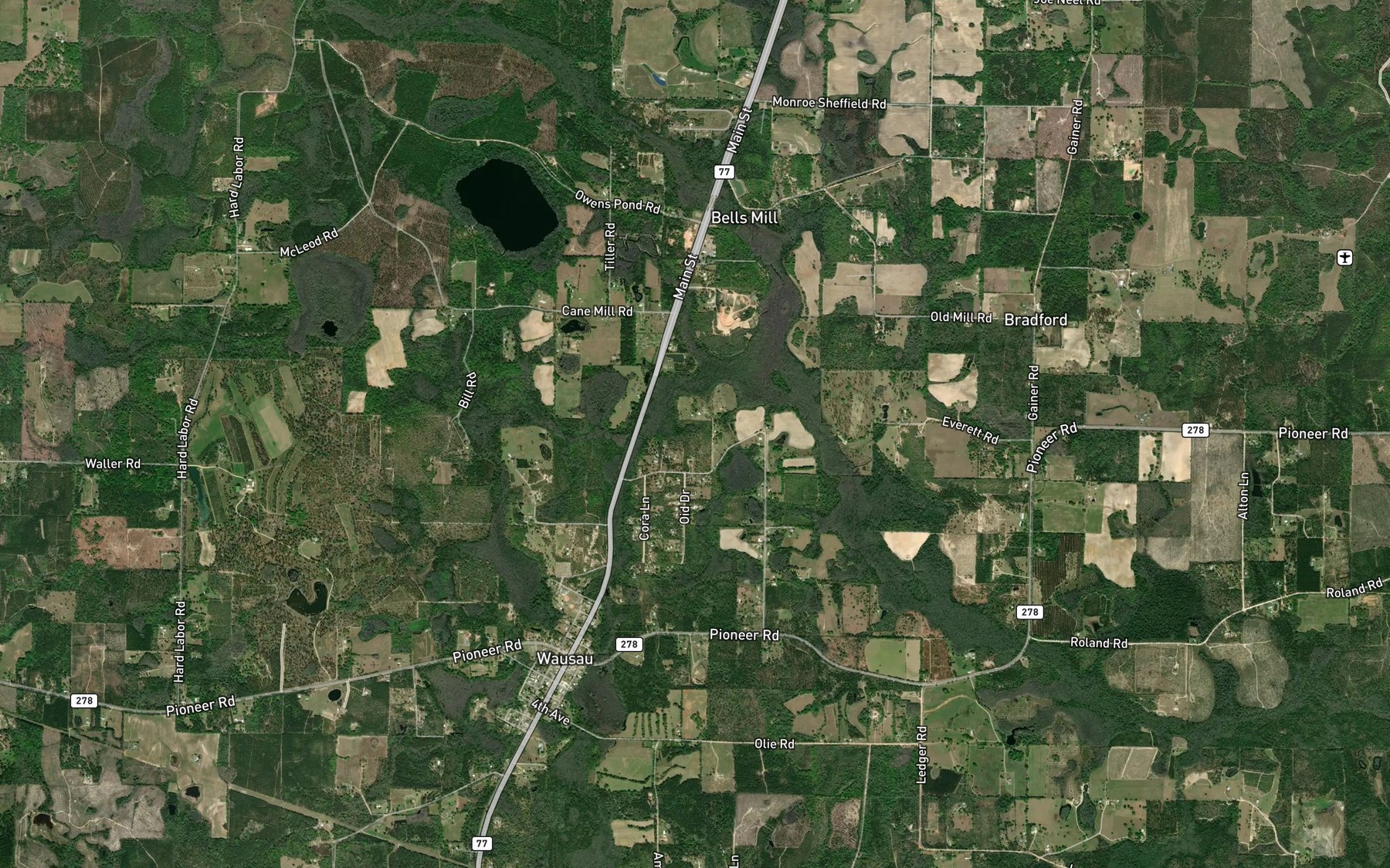 Satellite map of the Bells Mill Pond