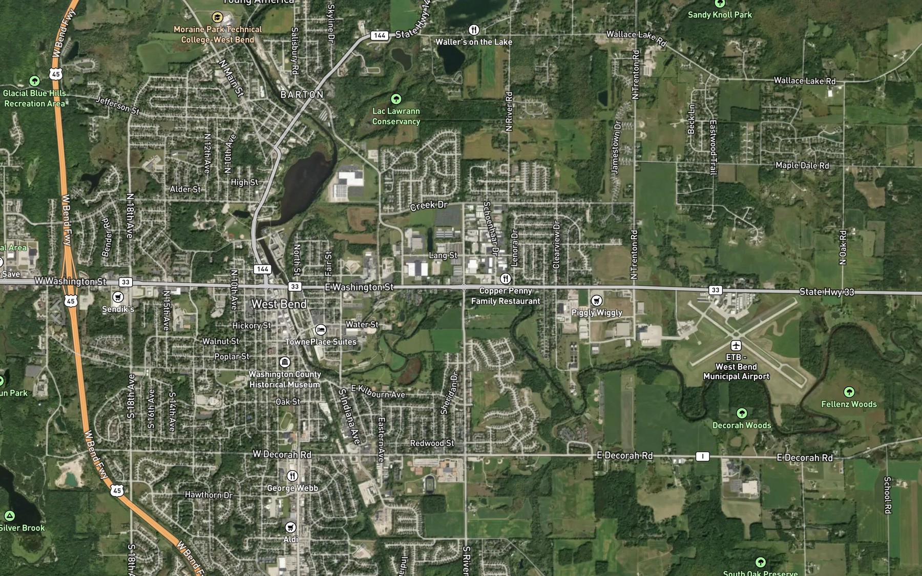 Satellite map of the West Bend Pond 222
