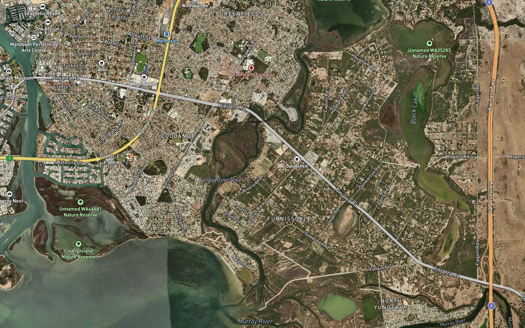 Satellite map of the Serpentine River