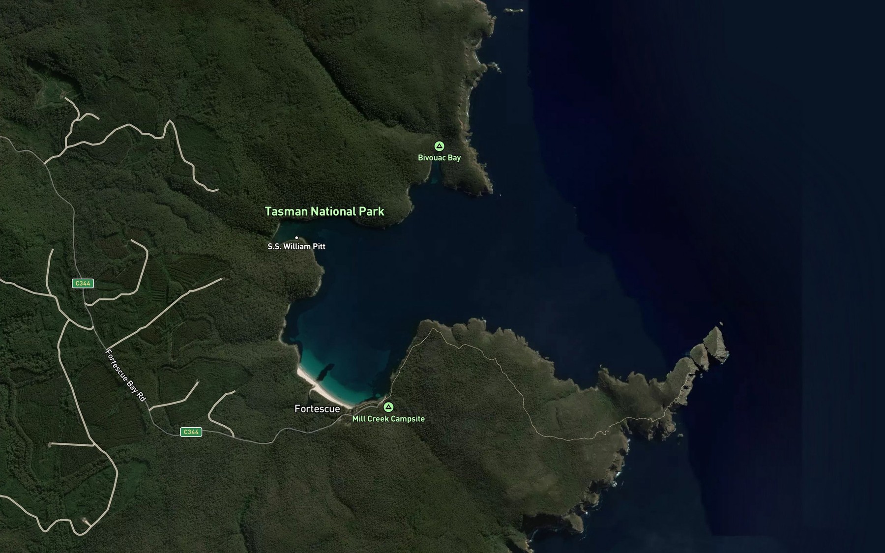 Satellite map of the Fortescue Bay