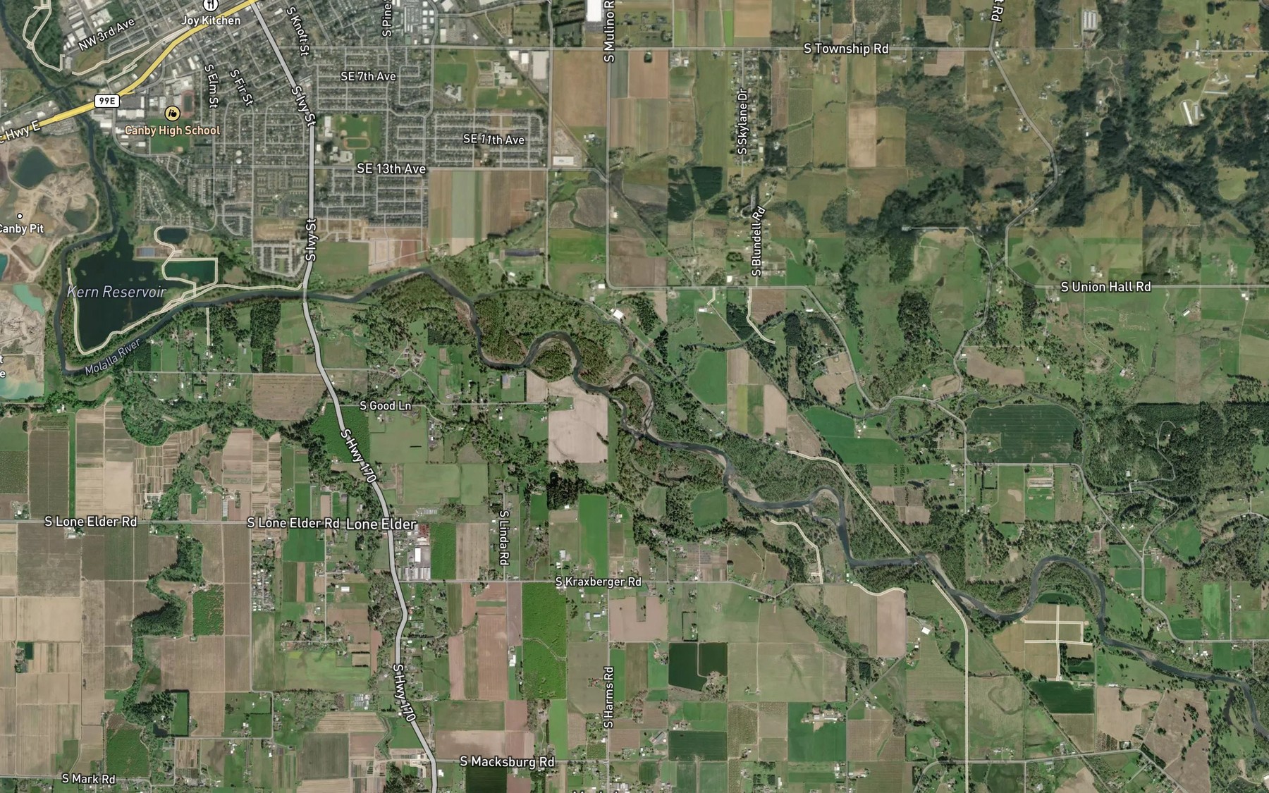 Satellite map of the Milk Creek