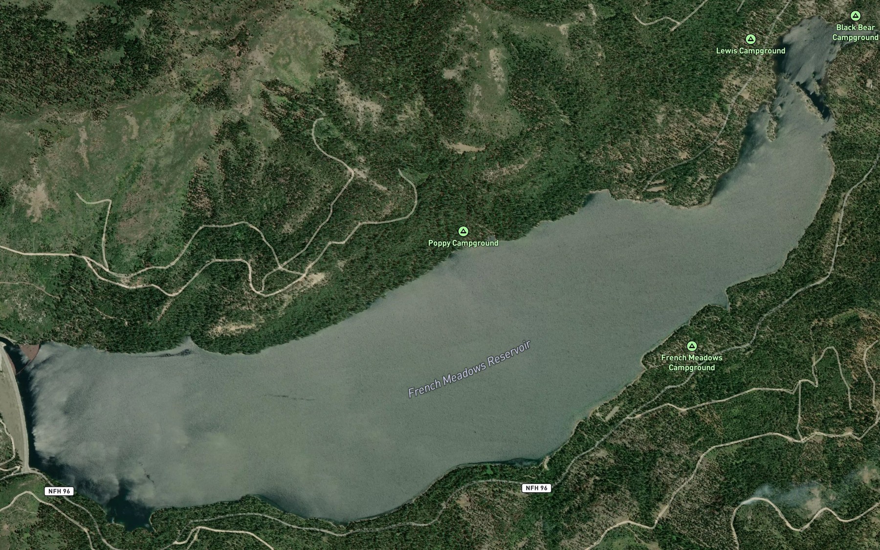 Satellite map of the French Meadows Reservoir
