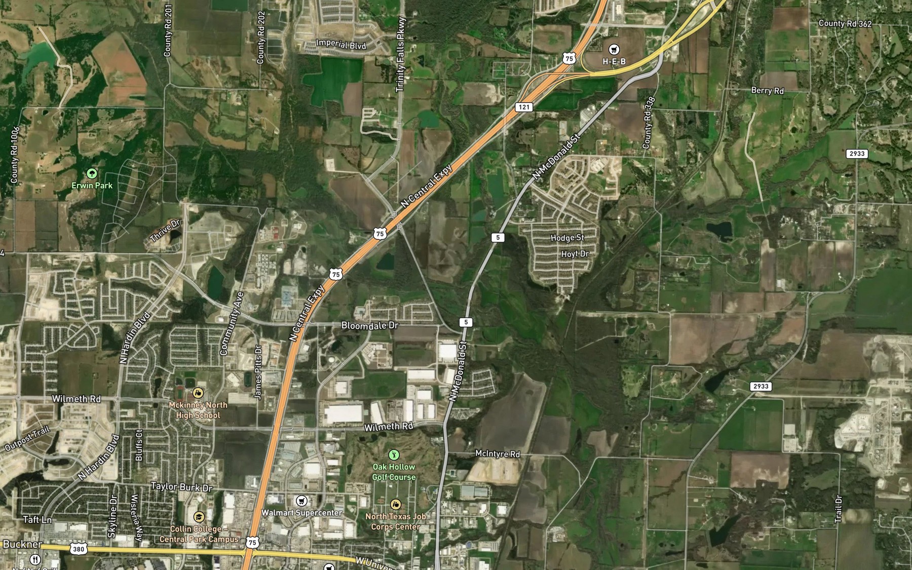 Satellite map of the Honey Creek