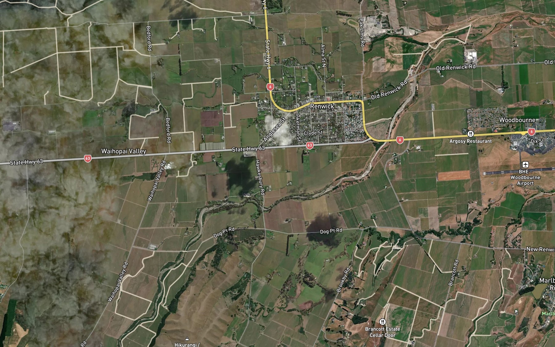 Satellite map of the Omaka River