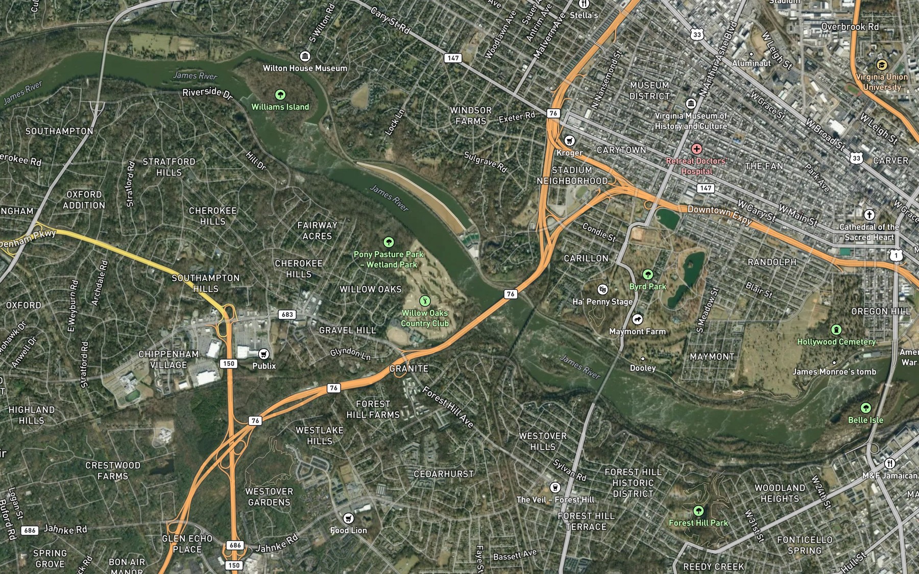 Satellite map of the Powhite Creek