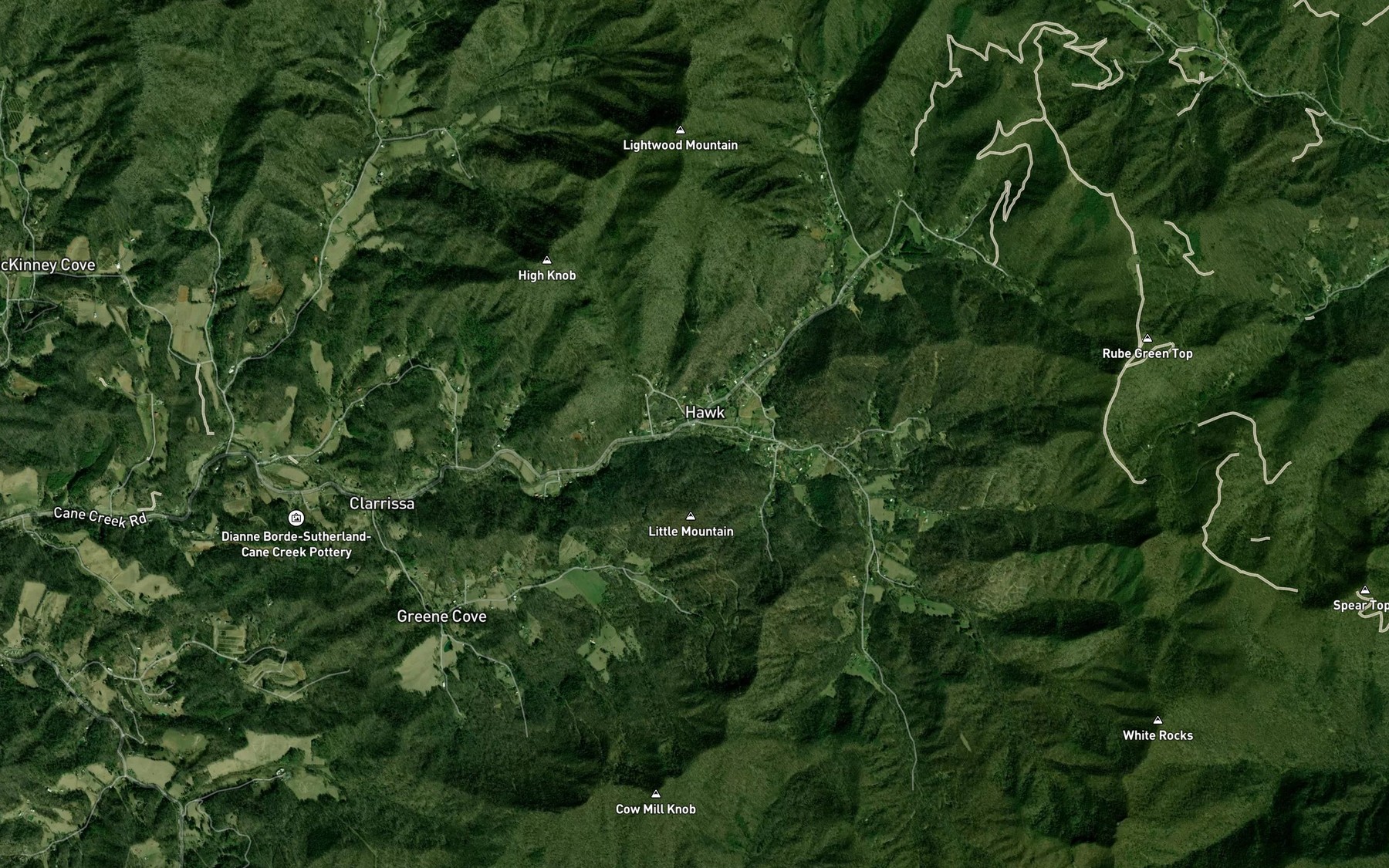 Satellite map of the Right Fork Cane Creek