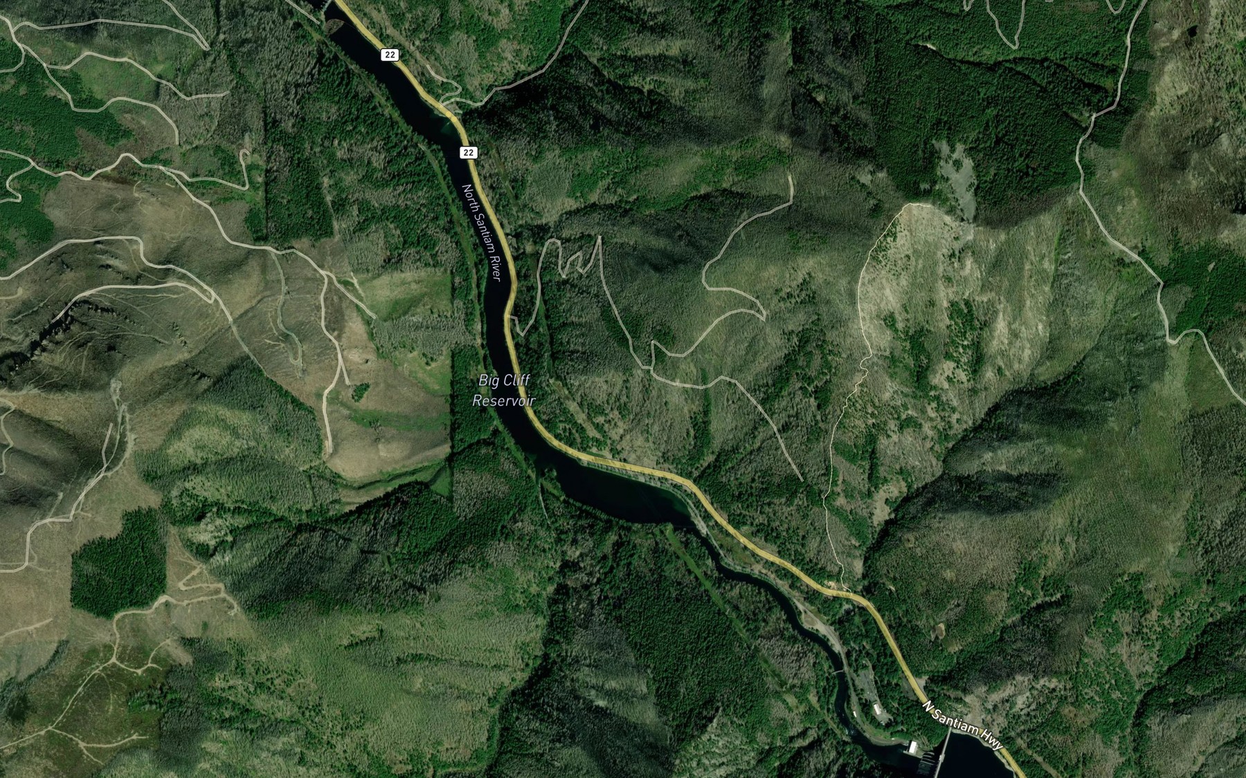 Satellite map of the Big Cliff Reservoir
