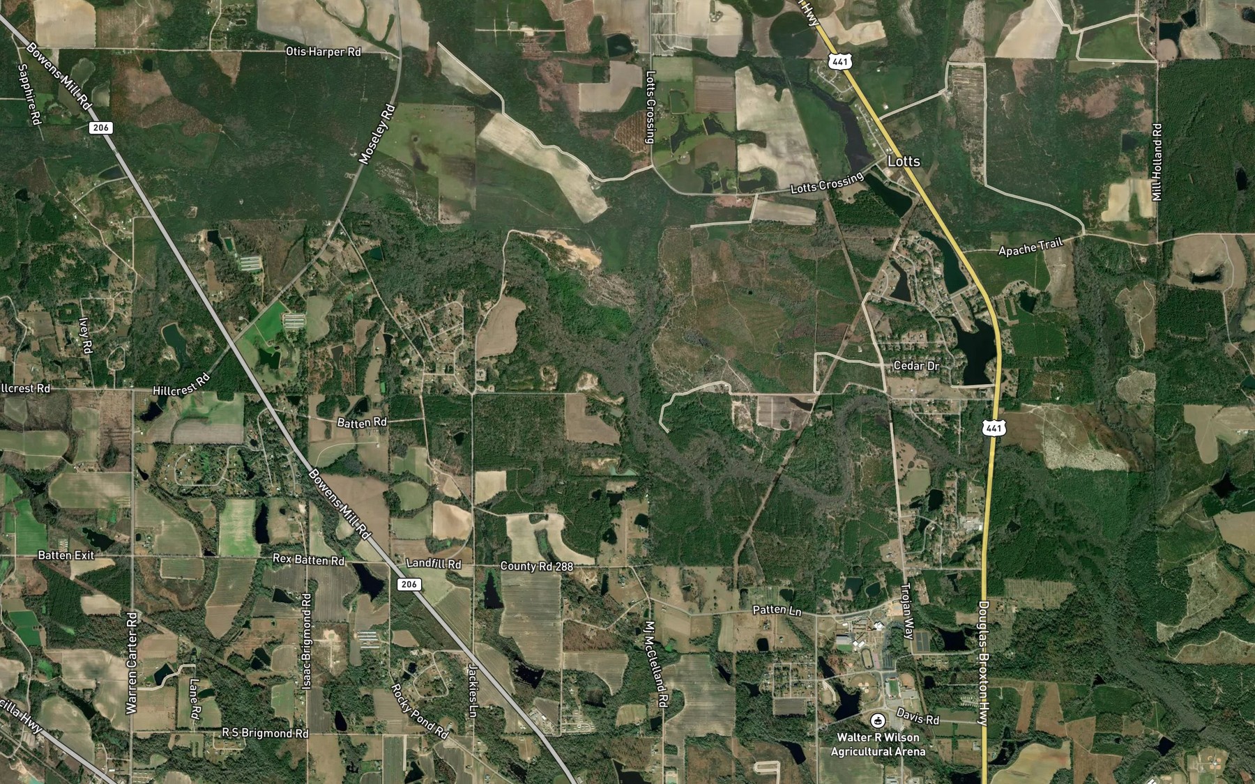 Satellite map of the Roses Creek