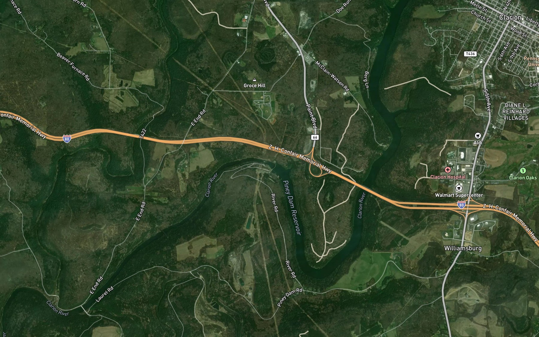 Satellite map of the Piney Reservoir