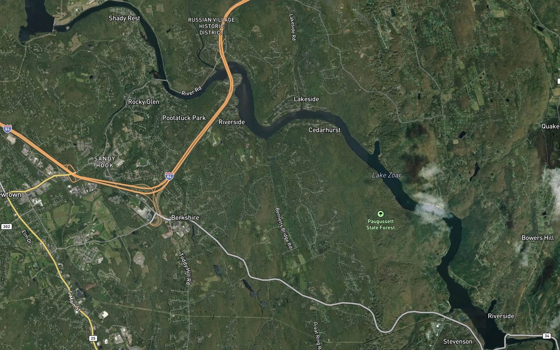 Satellite map of the Lake Zoar
