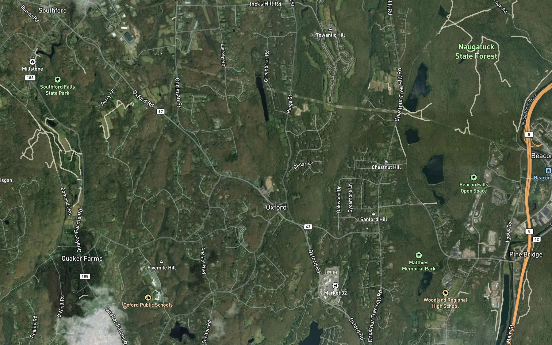 Satellite map of the Jacks Brook